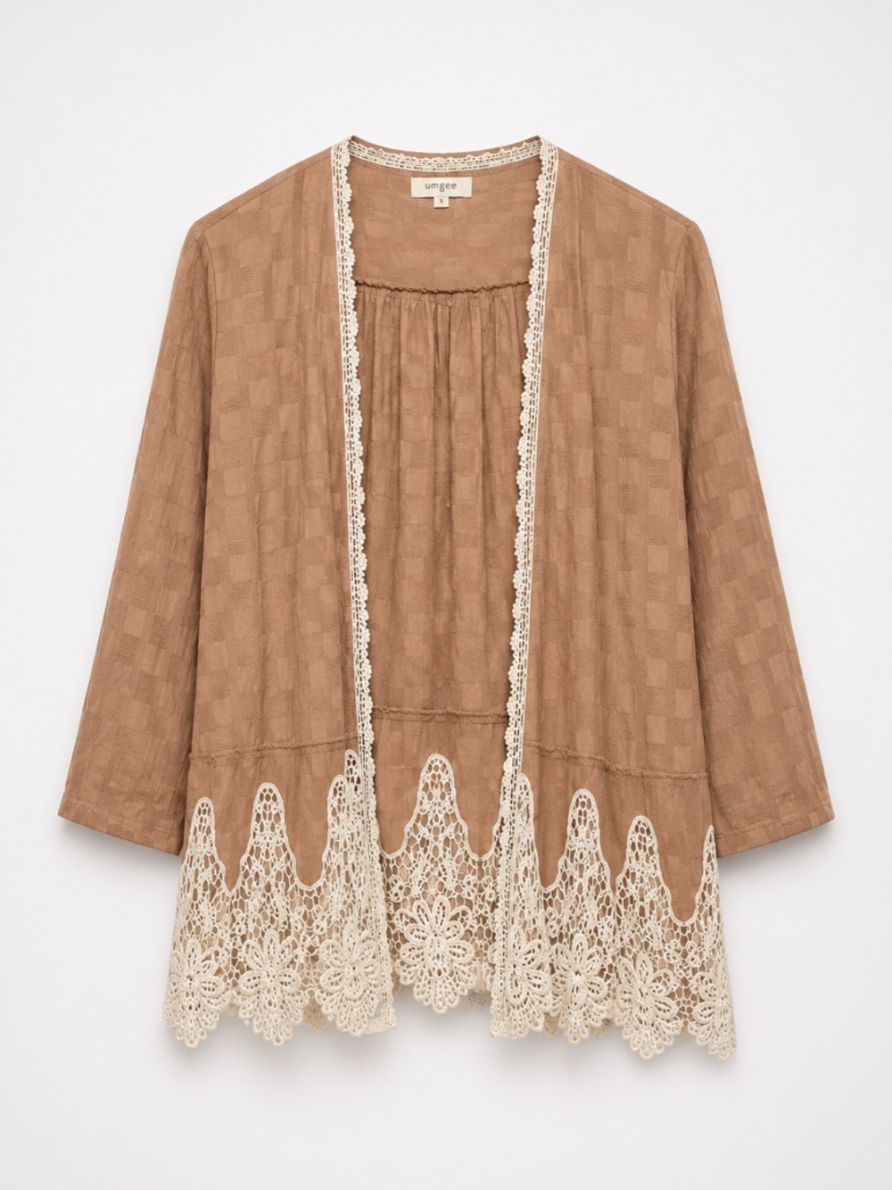 Umgee Camel Open Lace-Trim Cardigan (273)